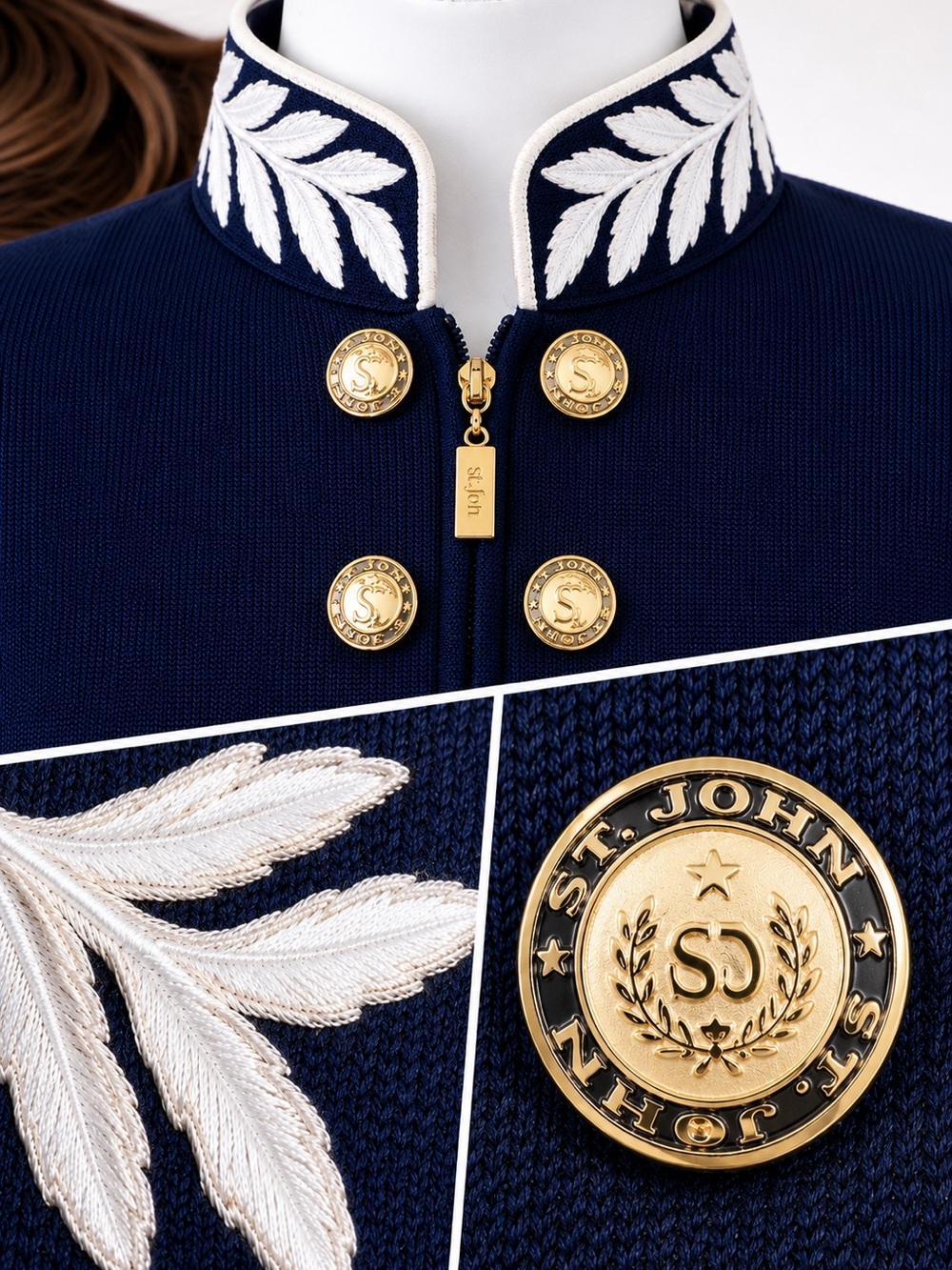 St. John Marie Gray Santana Knit Jacket Navy Embroidered Collar Gold Buttons S - Picture 2 of 12